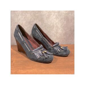 Aerosoles blue suede tassel loafer wedge heels size 7.5